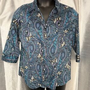 Dana Buchman V Neck Paisley Button Up Top Women’s XL 3/4 Sleeve Snake Print